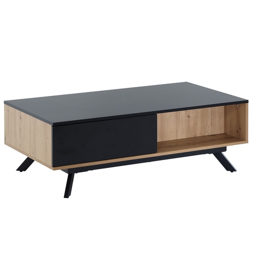 [A10255] Table basse 110 x 60 x 38 cm MDF décor chêne / table de salon noire, table basse rectangulaire avec espace de rangement, table basse avec tiroirs