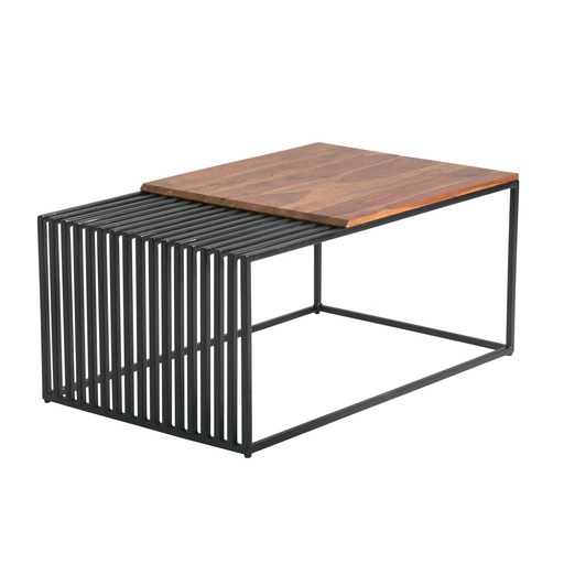 [A10289] Table Basse 90x55x40 cm Bois Massif Sheesham/Métal Table de Canapé Rectangulaire, Table de Salon Design Industriel, Table Basse Massif