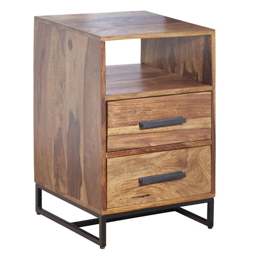[A10294] Table de chevet Sheesham bois massif / métal 40x35x66 cm table de chevet lit à sommier tapissier, console de nuit design avec 2 tiroirs
