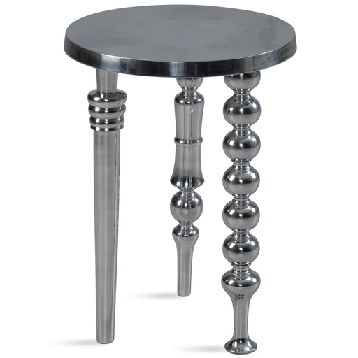 [A10315] Table d'appoint 44 x 44 x 63 cm en aluminium avec trois pieds différents, trépied, métal, rond argenté, moderne