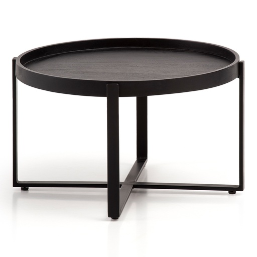 [A10347] Table Basse 60x60x35 cm Bois Massif de Manguier/Métal Noir Table de Canapé Ronde, Table de Salon Design avec Bord Surélevé