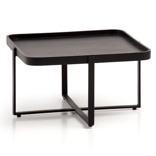 [A10348] Table basse 65x65x35 cm table basse carrée en bois massif de manguier / métal noir, avec bord relevé et coins arrondis