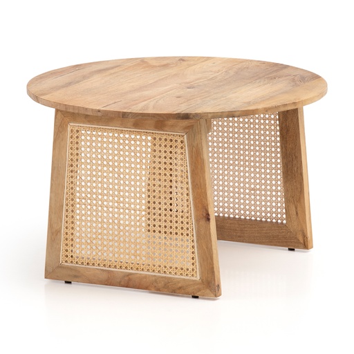 [A10350] Table basse 65x65x40 cm bois massif de manguier / table de canapé marron rotin ronde, table de salon design osier viennois